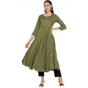 Tissu Navy Green & Black Floral Printed Flared Kurta Dress M